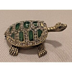 Bejeweled Turtle Trinket Bok Green & Rhinestone 2.5"